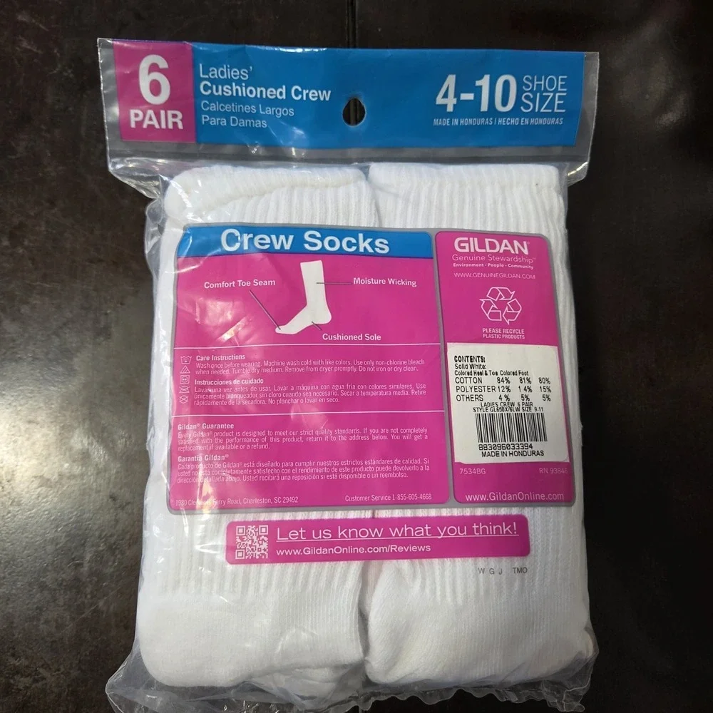 NEW Vintage Womens White Crew Socks 6 Pairs Comfort Toe Seam  Size 4-10